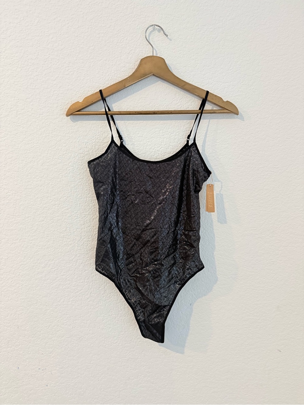SKIMS- NWT Black Logo Mesh Foil Cami Thong Bodysuit- M